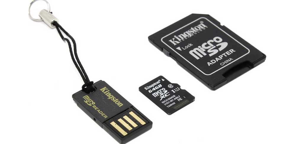 Карта памяти micro SDXC Kingston, 64 Гб, Class 10 U1 UHS-I, с адаптером и USB картридером-описание