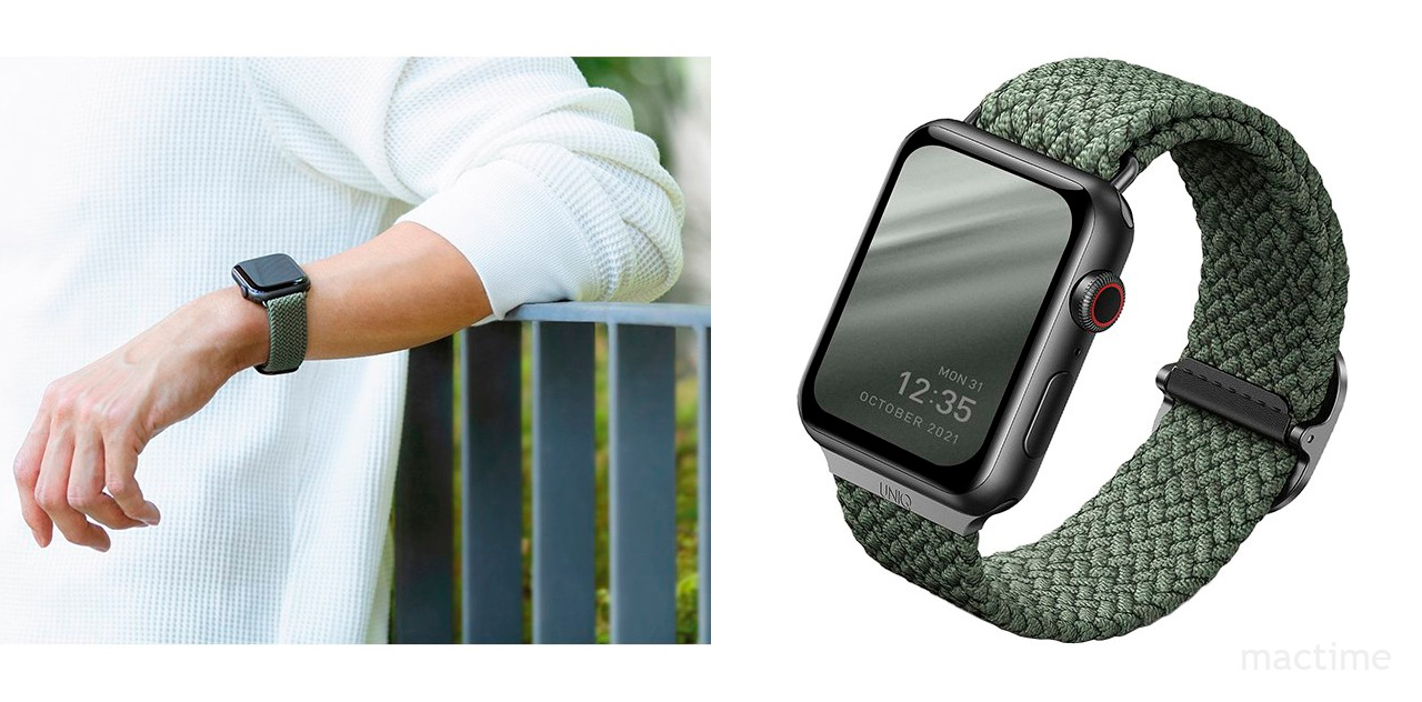 Плетёный ремешок Uniq ASPEN Strap для Apple Watch 45/44/42 mm и Ultra зелёного цвета