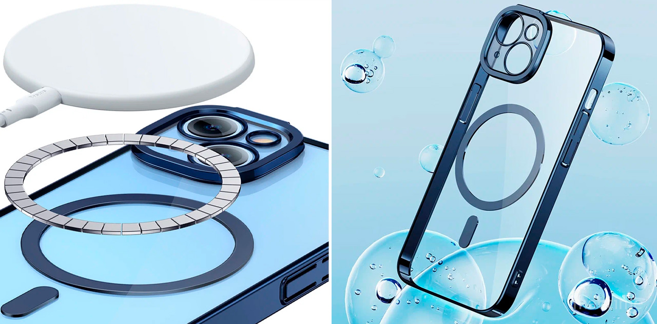 Чехол Baseus Glitter Magnetic PC синего цвета с защитным стеклом Tempered glass для iPhone 14