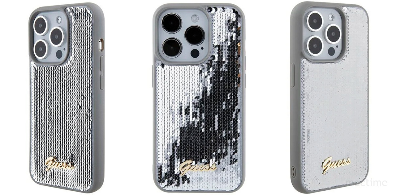 Чехол Guess для iPhone 15 Pro Max Sequins Script metal logo Hard Серебро  купить в MacTime