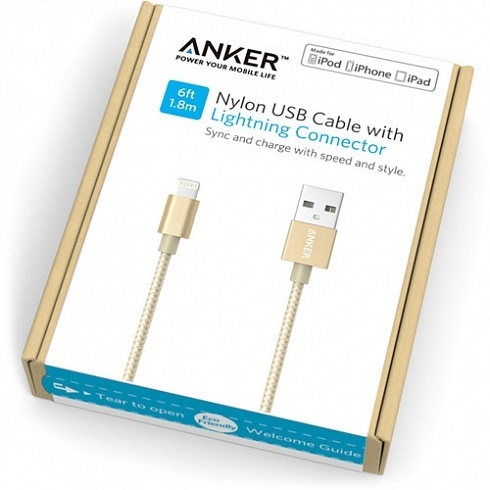 Кабель Anker USB-Lightning (MFi Certified), 1,8м, капрон, 4000+ перегибов, золотой, A7114HB1