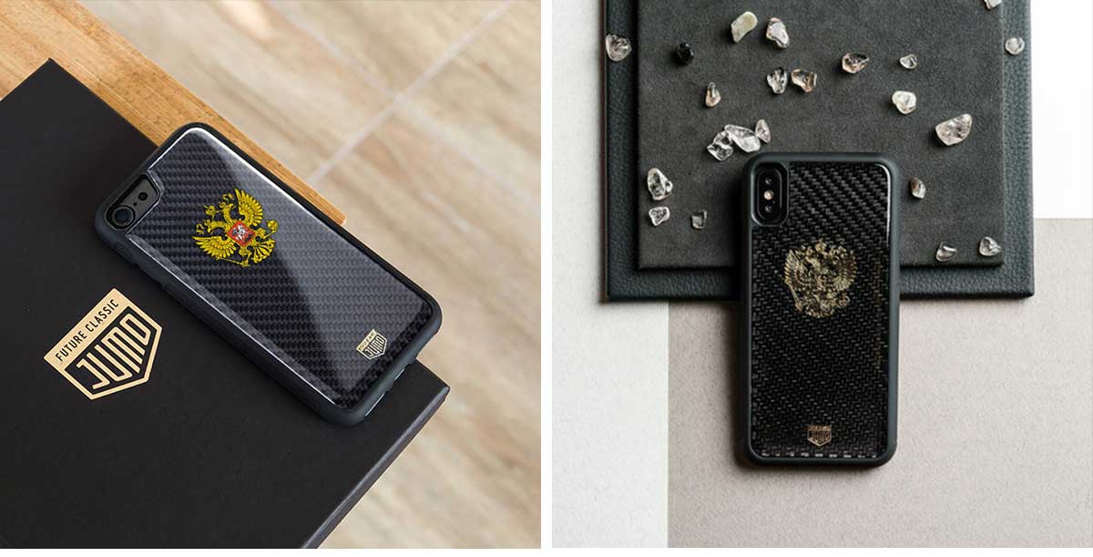 Чехол Jumo Case для iPhone 8, карбон, высокоточная печать, "Герб РФ"-описание