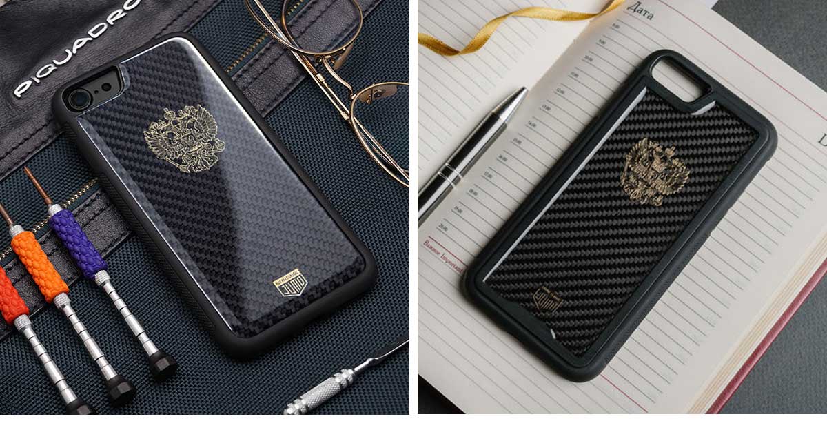 Чехол Jumo Case для iPhone 8, карбон, никель с позолотой 24К, "Герб РФ"-описание