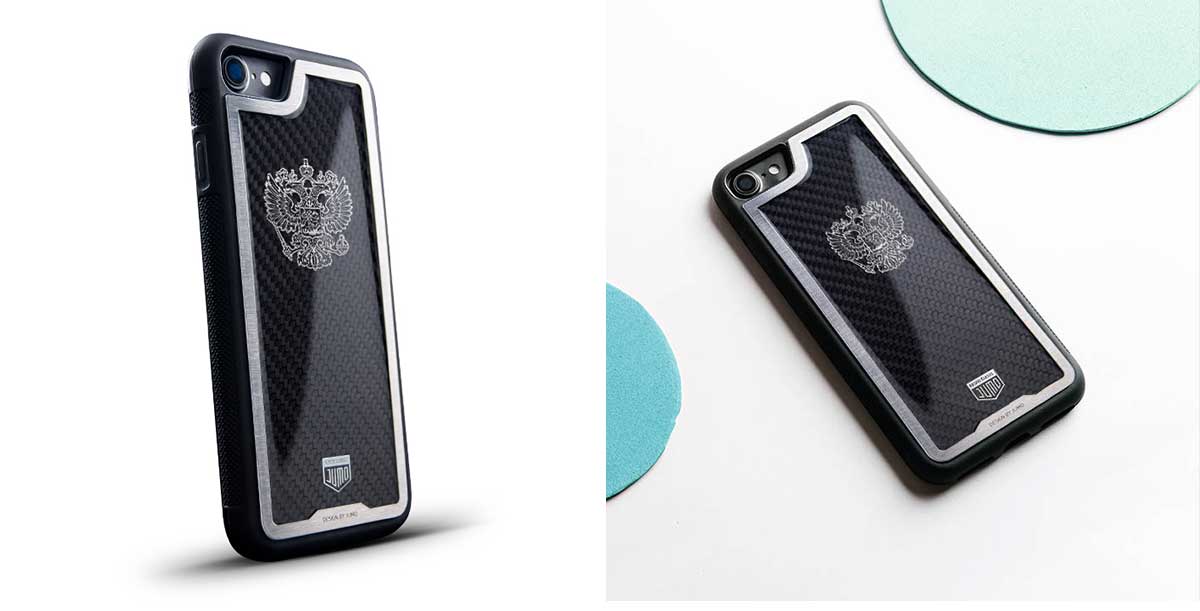 Чехол Jumo Case для iPhone 7/8 карбон, стальная рамка, никель с посеребрением, "Герб РФ"-описание