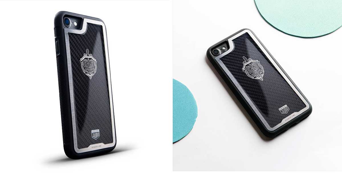 Чехол Jumo Case для iPhone 7/8 карбон, стальная рамка, никель с посеребрением, "Герб ФСБ"-описание