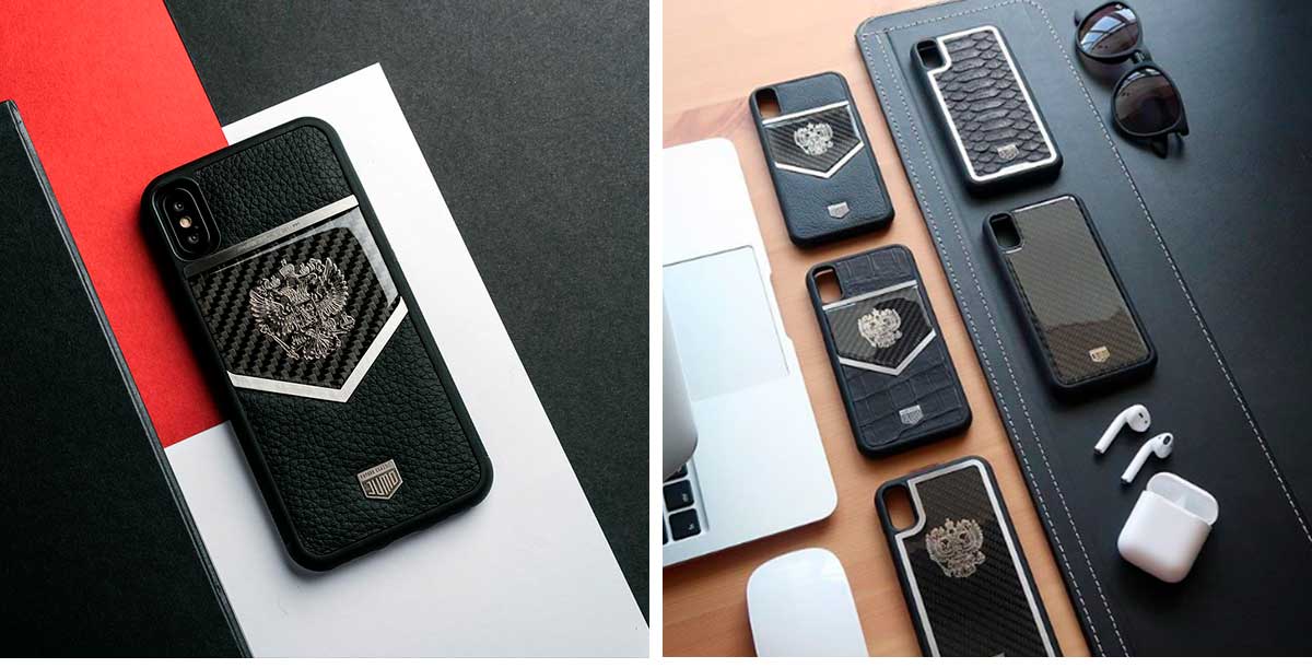 Чехол Jumo Case для iPhone X, карбон, кожа Dakota, никель с посеребрением, Герб РФ - описание 2