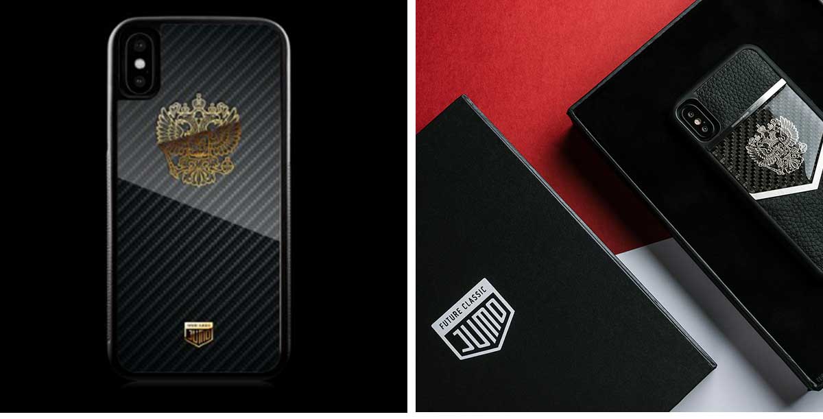Чехол Jumo Case для iPhone X карбон, никель с позолотой 24К, "Герб РФ"-описание