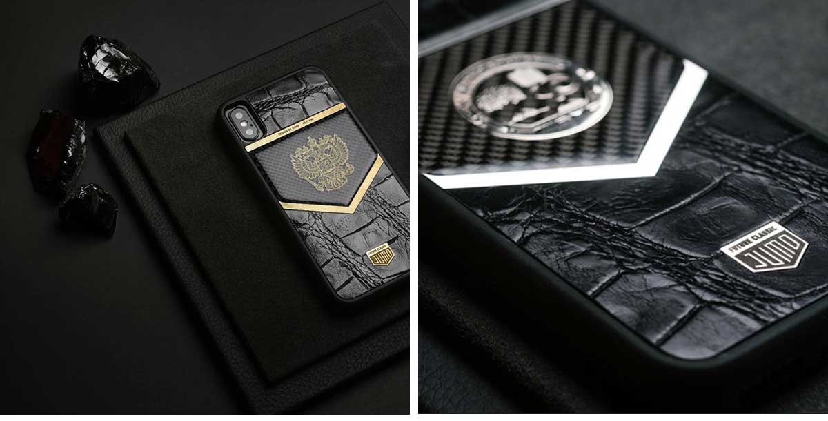 Чехол Jumo Case для iPhone X карбон, рамка из латуни, кожа крокодила, никель с позолотой 24К, "Герб РФ"-описание