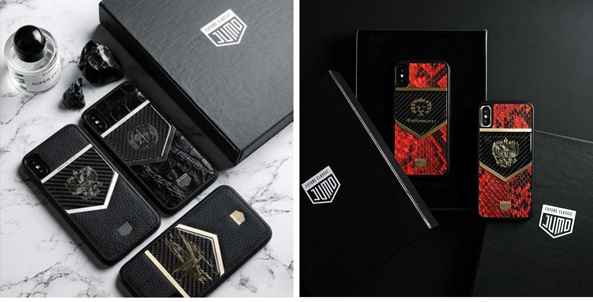 Чехол Jumo Case для iPhone X карбон, рамка из латуни, натуральная кожа питона, никель с позолотой 24К, "Герб РФ"-описание
