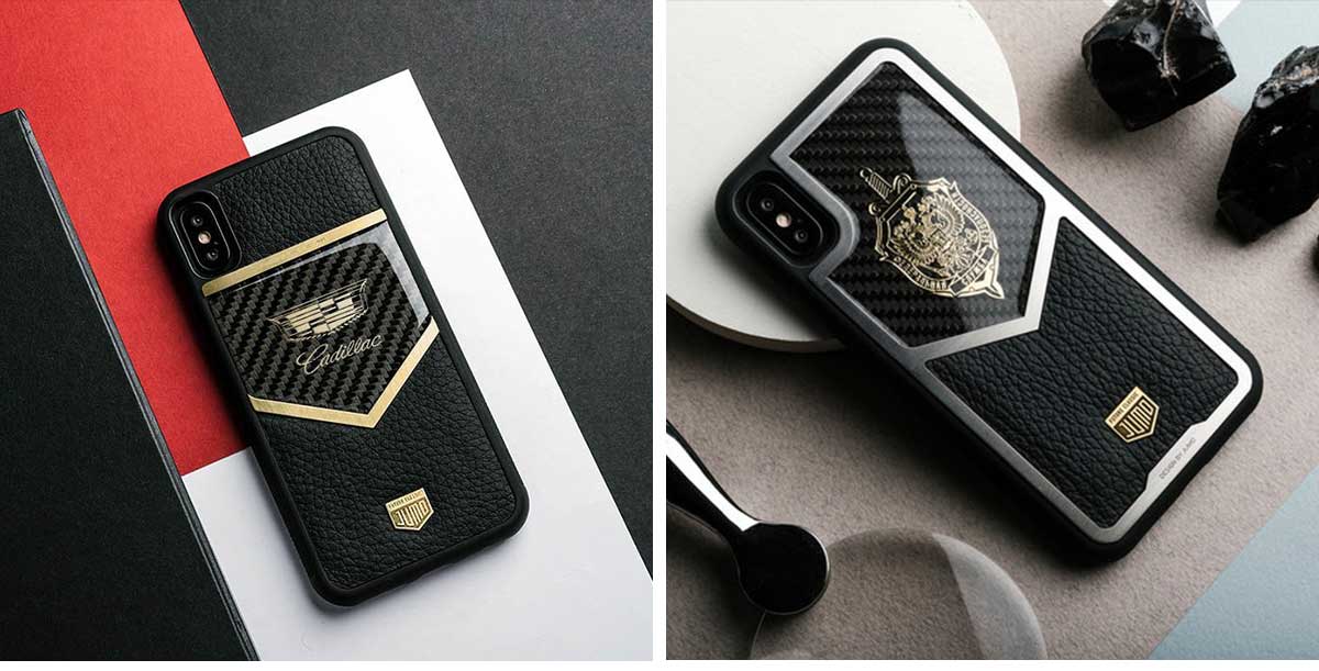 Чехол Jumo Case для iPhone X карбон, рамка из латуни, натуральная кожа Dakota, никель с позолотой 24К, "Герб РФ"-описание