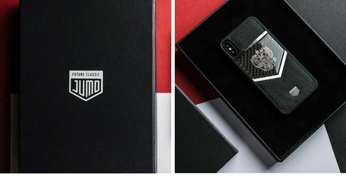 Чехол Jumo Case для iPhone X карбон, рамка из латуни, натуральная кожа Dakota, никель с позолотой 24К, "Герб РФ"-описание