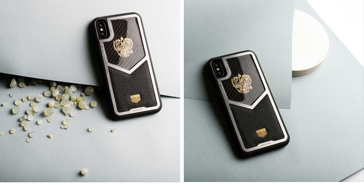 Чехол Jumo Case для iPhone X карбон, стальная рамка, кожа Dakota,, никель с позолотой 24К, "Герб РФ"-описание