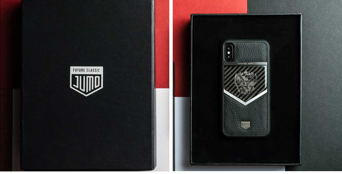Чехол Jumo Case для iPhone X карбон, стальная рамка, натуральная кожа питона, никель с посеребрением, "Герб РФ"-описание
