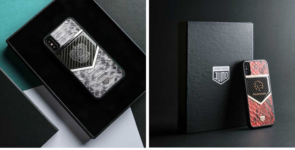 Чехол Jumo Case для iPhone X карбон, стальная рамка, натуральная кожа питона, никель с посеребрением, белый "Герб РФ"-описание