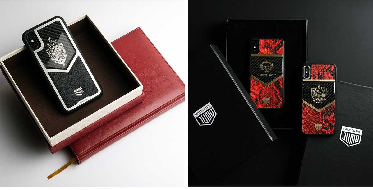 Чехол Jumo Case для iPhone X карбон, стальная рамка, натуральная кожа питона, никель с посеребрением, "Герб РФ"-описание