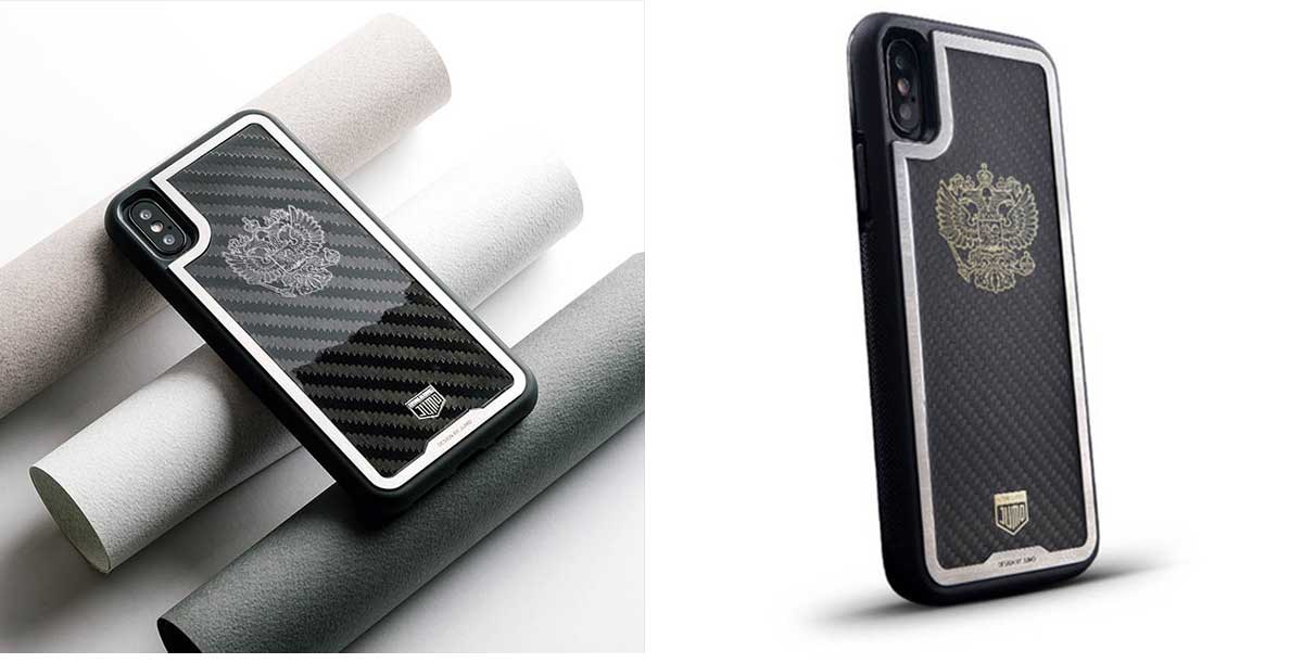 Чехол Jumo Case для iPhone X карбон, стальная рамка, никель с позолотой 24К, "Герб РФ"-описание