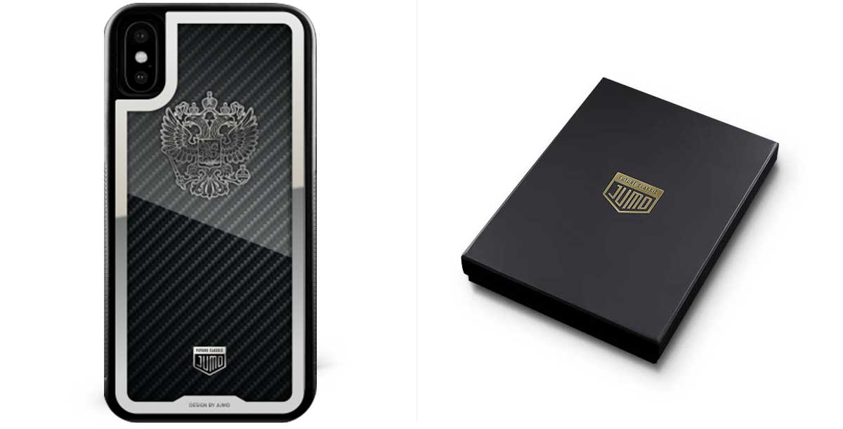Чехол Jumo Case для iPhone X карбон, стальная рамка, никель с посеребрением "Герб РФ"-описание