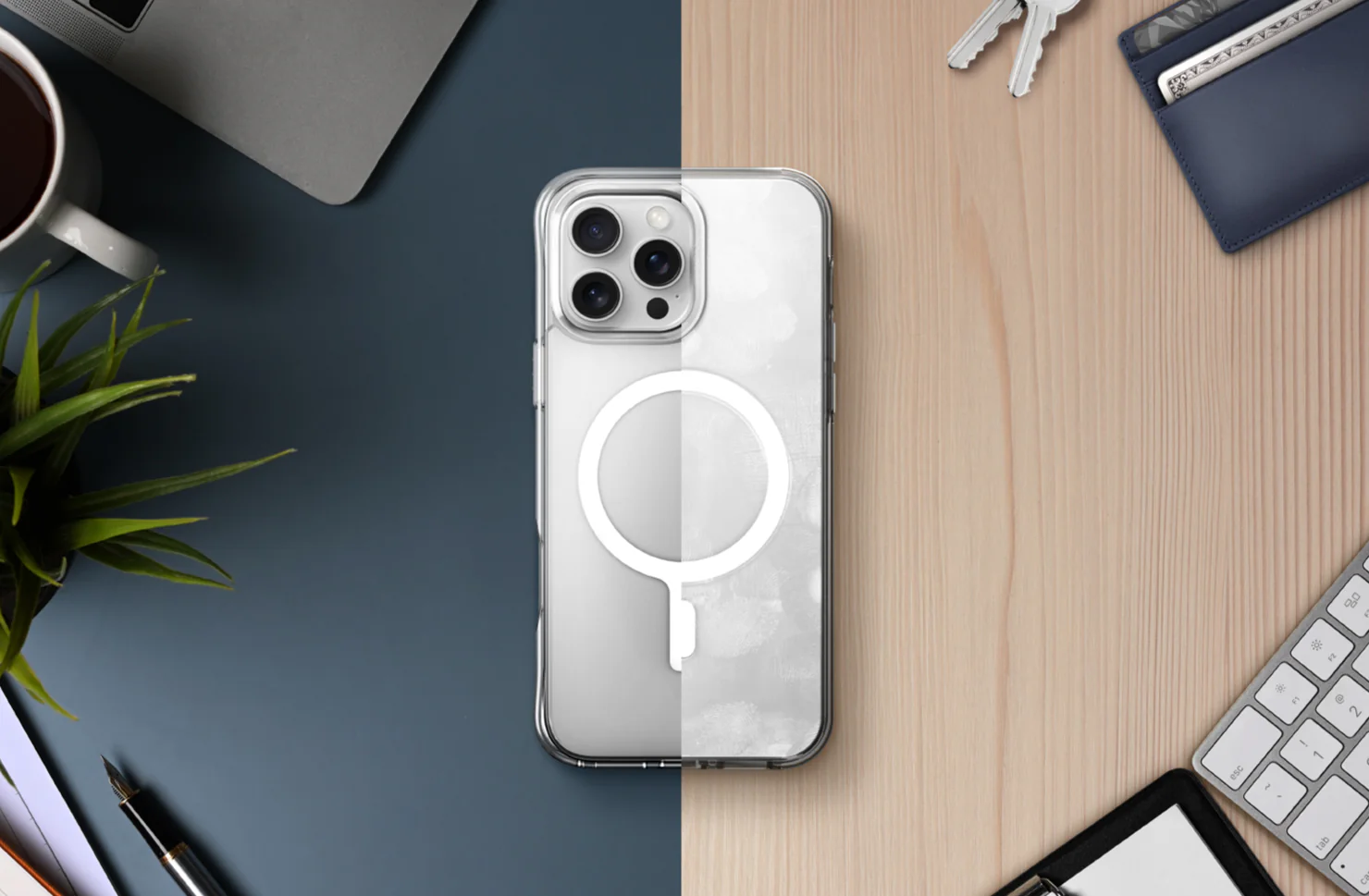 Чехол Uniq Lifepro Xtreme AF для iPhone 16 Pro в цвете «Морозная ясность» на фоне минималистичного интерьера