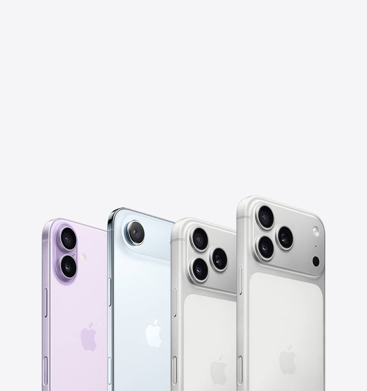 iPhone 17 Pro, задняя панель, система камер Pro Fusion в верхней части, iPhone Air, очень тонкая титановая боковая панель, iPhone 17, задняя панель, система камер Dual Fusion в верхнем левом углу.