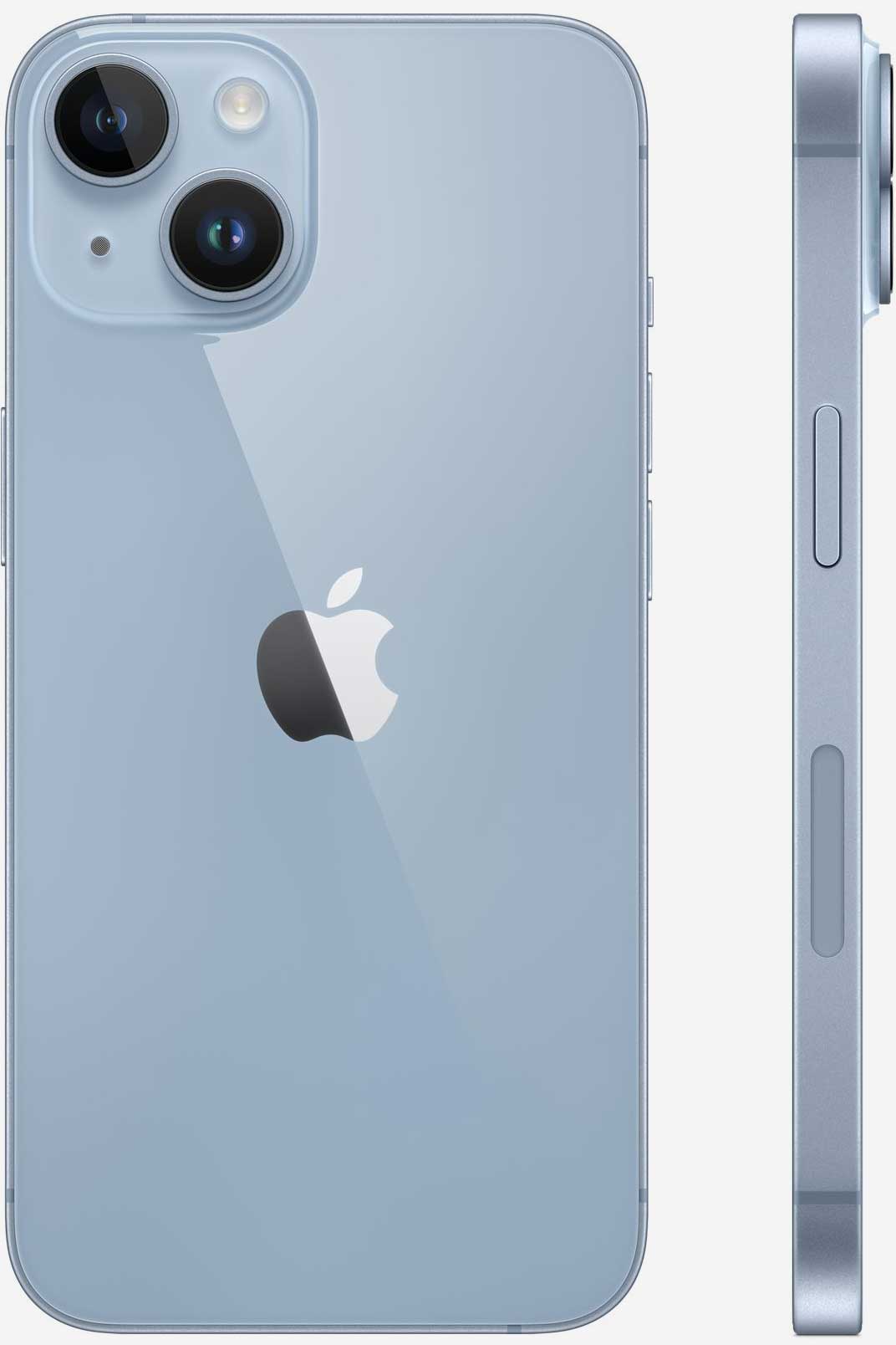 Вид с двух сторон на iPhone 14 Небесно-голубой