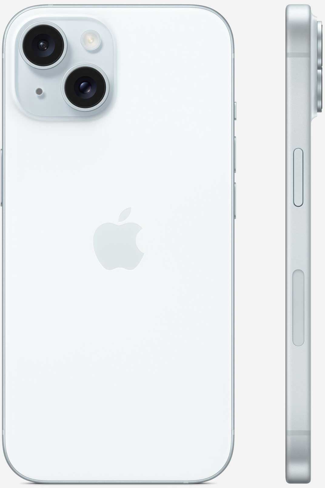 Вид с двух сторон на iPhone 15 Plus Голубой