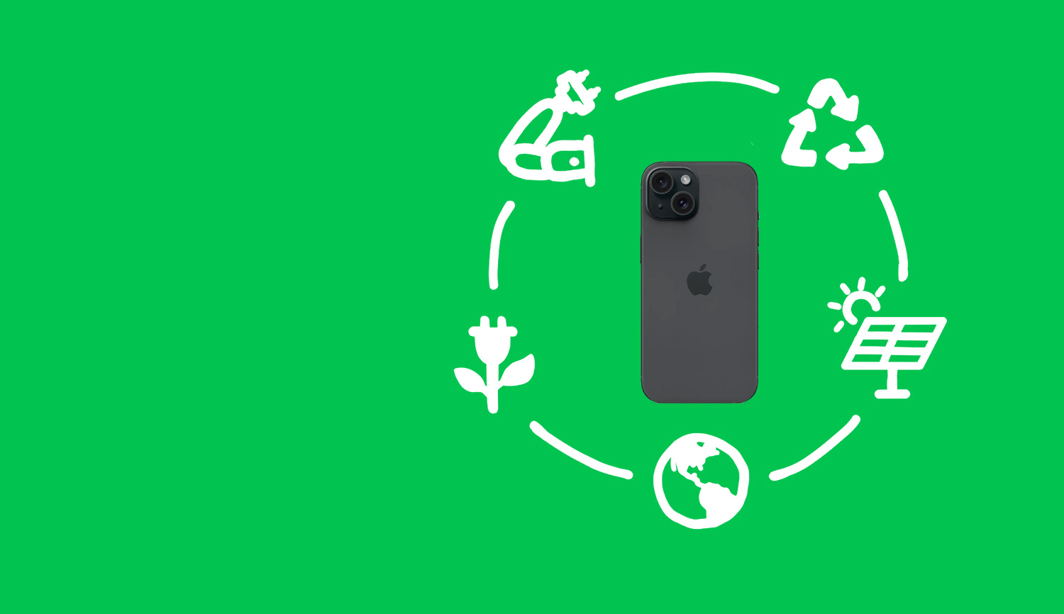 На изображении iPhone 15 и символика экологии, утилизации