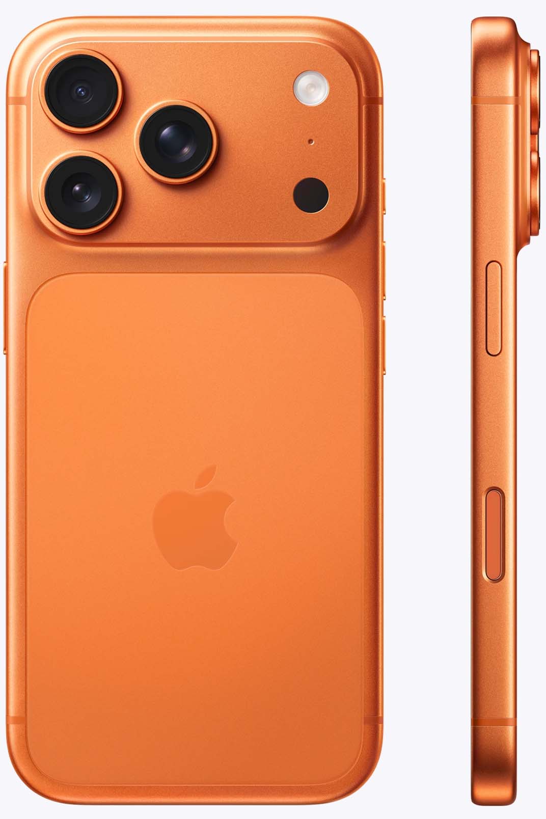 Вид с двух сторон на iPhone 17 Pro Космический оранжевый