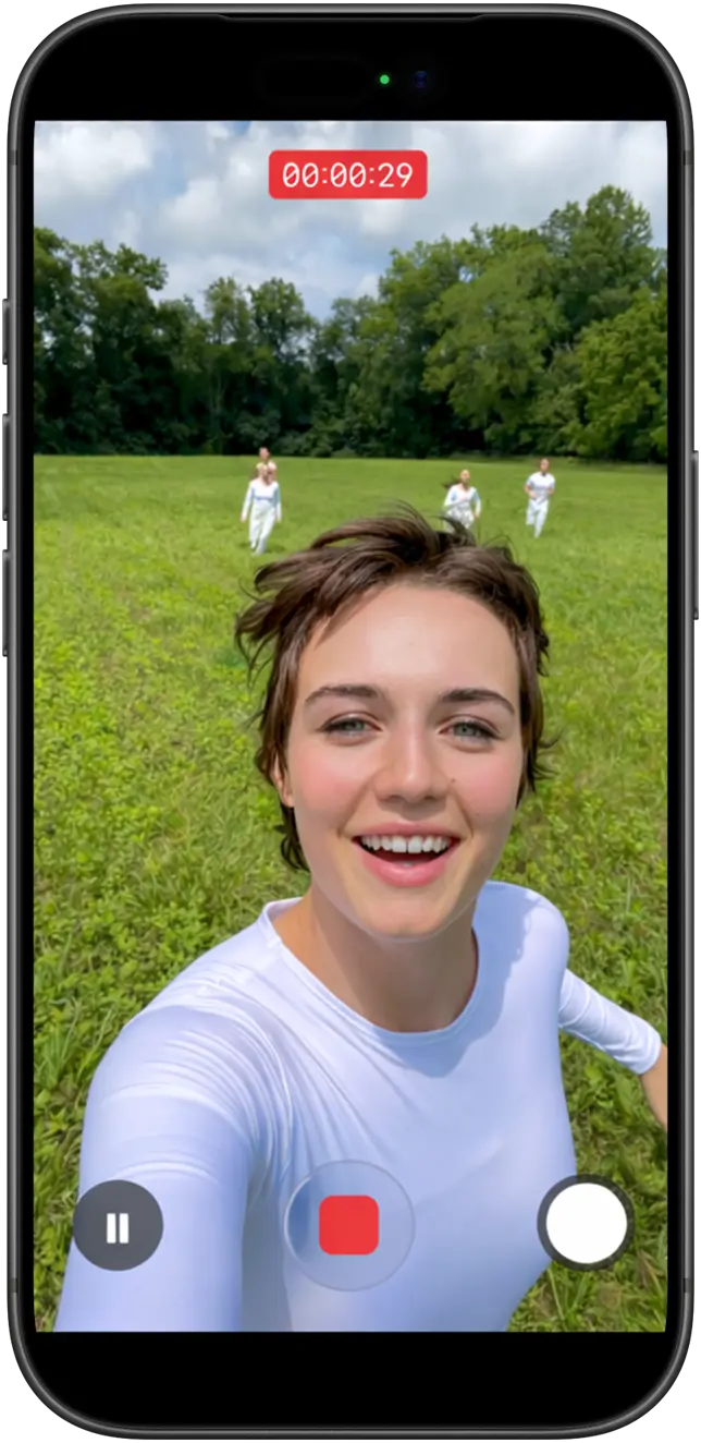 На экране iPhone отображается функция сверхстабилизированного видео во время съемки бегущего человека