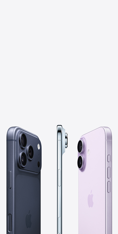 iPhone 17 Pro, задняя панель, система камер Pro Fusion в верхней части, iPhone Air, очень тонкая титановая боковая панель, iPhone 17, задняя панель, система камер Dual Fusion в верхнем левом углу.