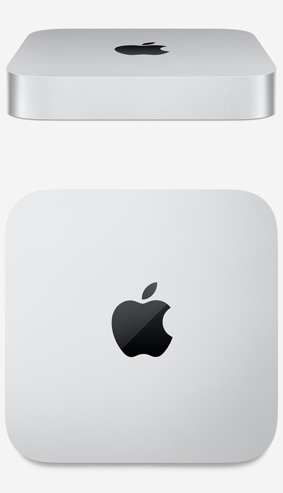 Угловой вид спереди Mac mini M2 и M2 Pro с логотипом Apple Серебристый