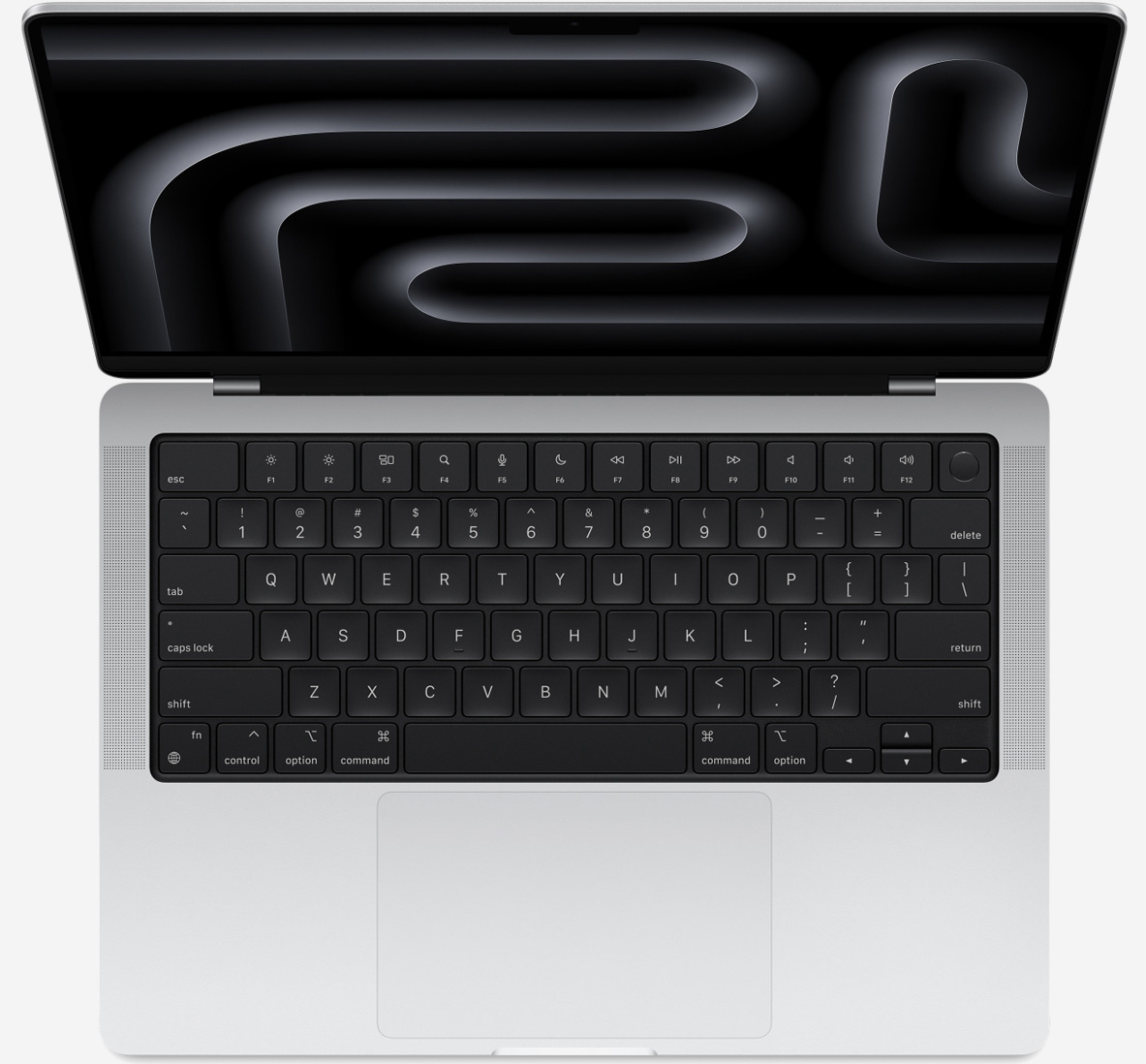 Вид сверху, показывающий клавиатуру MacBook Pro 14 M3 Pro и Max Серебристый