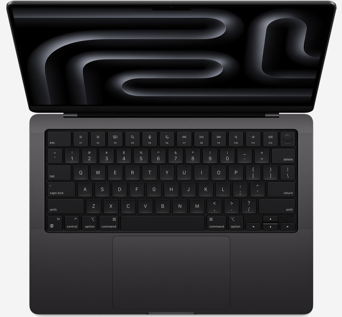 Вид сверху, показывающий клавиатуру MacBook Pro 14 M3 Pro и Max Космический чёрный