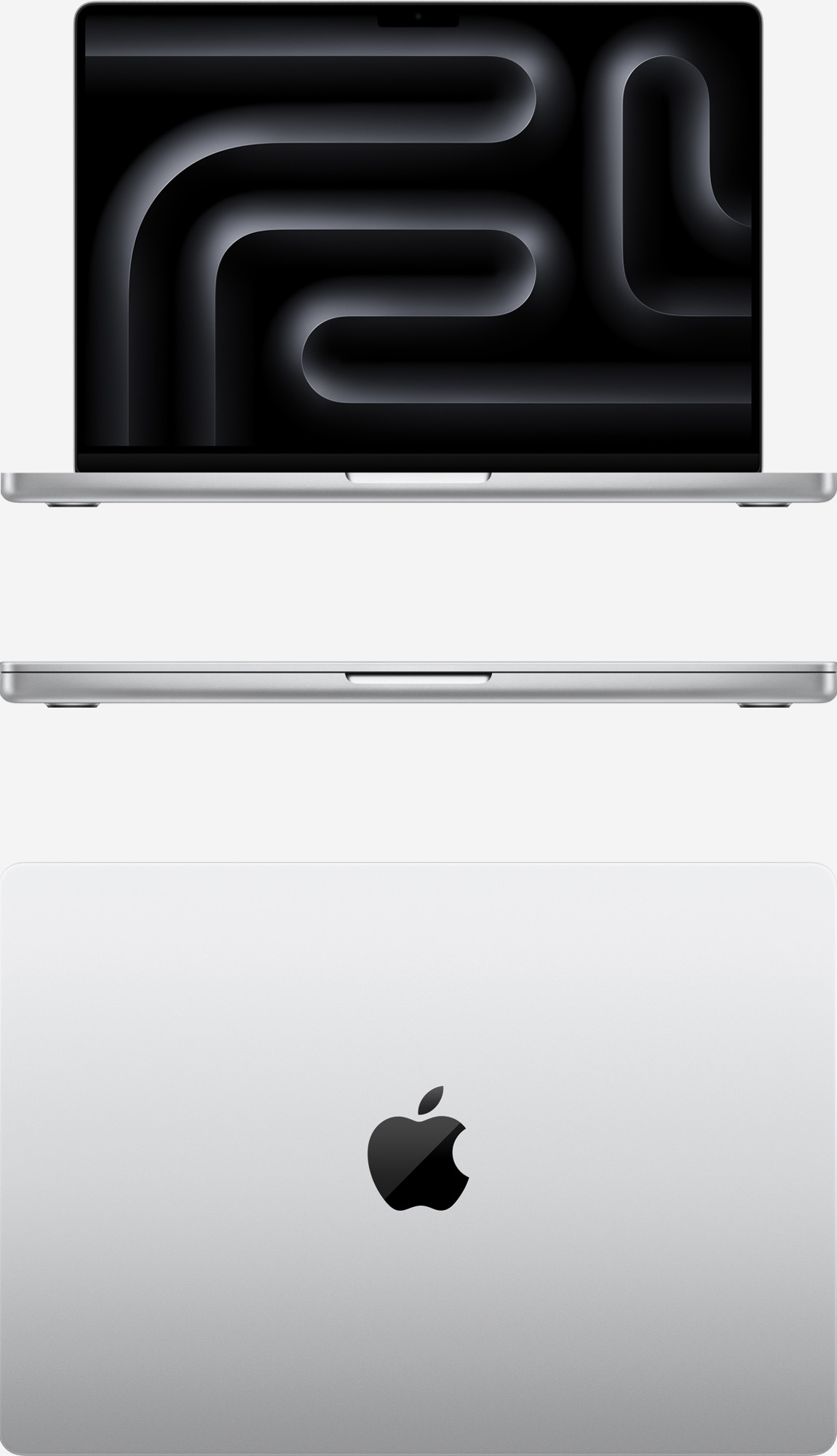 Вид спереди и сверху на MacBook Pro 14 M3 Pro и Max Серебристый