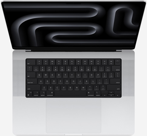 Вид сверху, показывающий клавиатуру MacBook Pro 16 M2 Pro и Max Серебристый