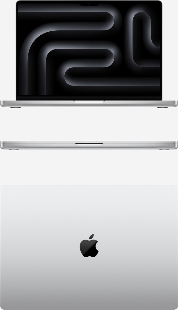 Вид спереди и сверху на MacBook Pro 16 M2 Pro и Max Серебристый