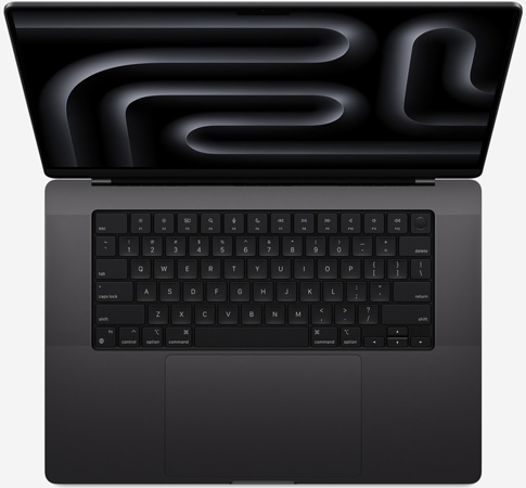 Вид сверху, показывающий клавиатуру MacBook Pro 16 M3 Pro и Max Космический чёрный