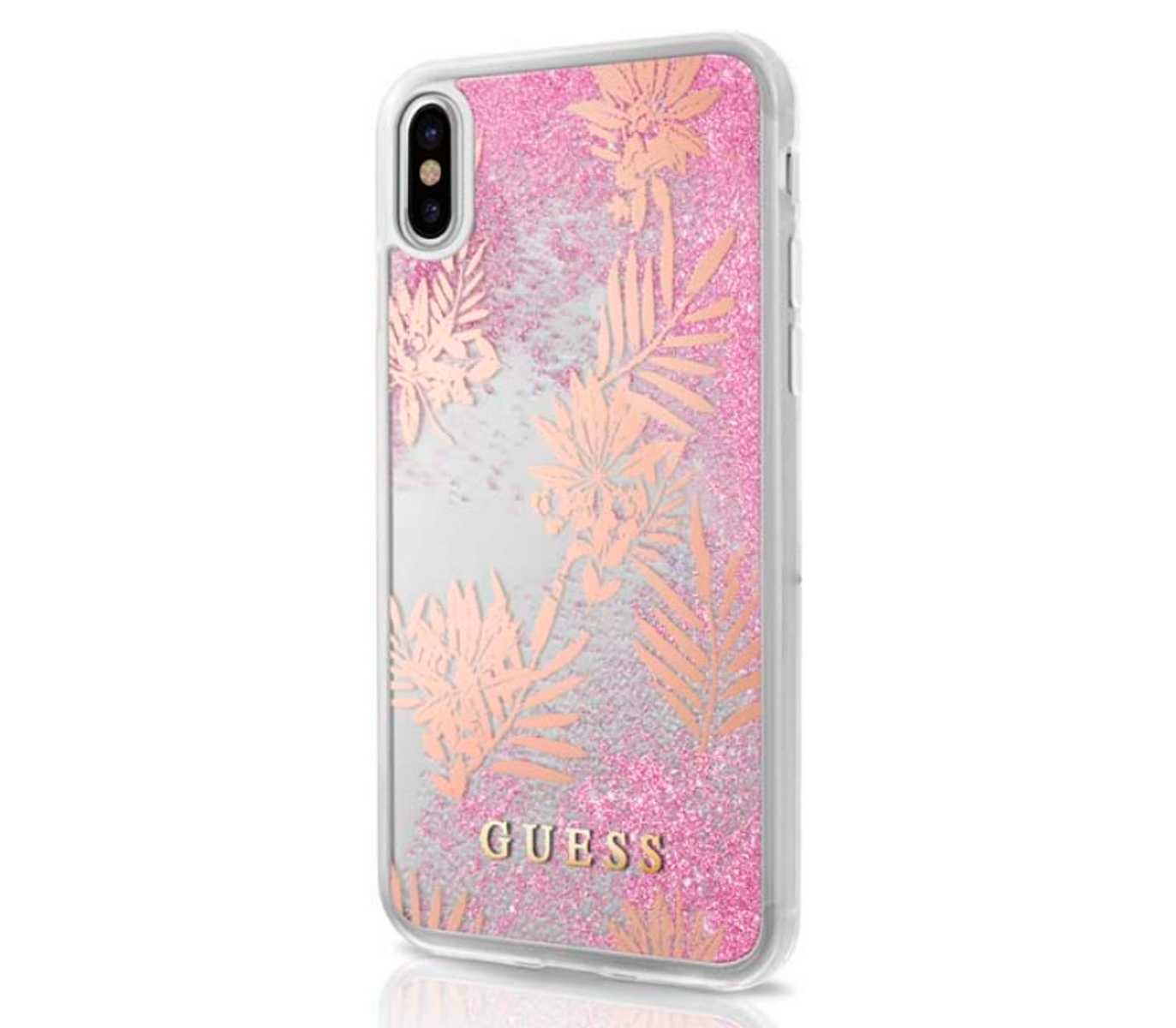 Чехол-накладка Guess Glitter Palm spring для IPhone X/Xs, поликарбонат,  розовый по выгодной цене – купить в MacTime