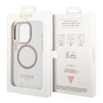 Чехол Guess для iPhone 15 Pro PC/TPU Metal outline Hard Прозрачный/Золотой (MagSafe) - фото 4