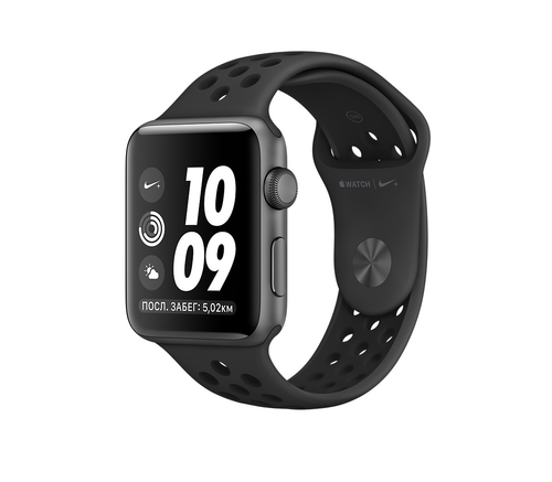 Apple Watch Nike+ 42 мм, корпус из алюминия цвета «серый космос», спортивный ремешок Nike цвета «антрацитовый/чёрный» (MQ182)