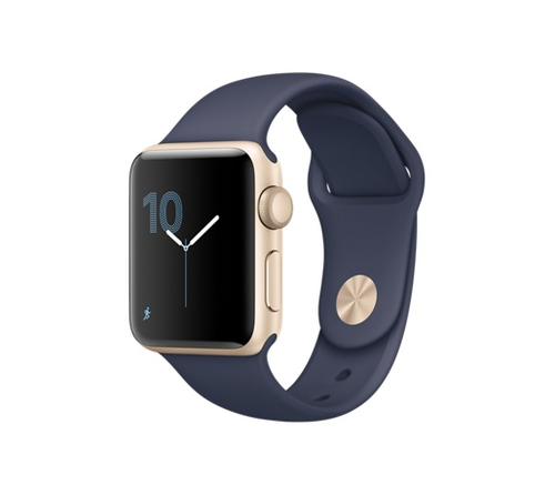 Apple Watch Series 1, 38 мм, корпус из золотистого алюминия, спортивный ремешок тёмно‑синего цвета (MQ102)