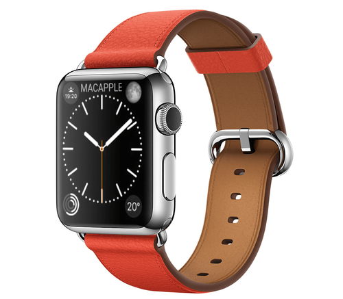 Apple Watch 38 мм, нержавеющая сталь, ремешок красного цвета с классической пряжкой 130–195 мм (MMF82)