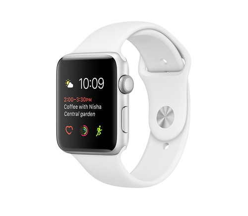 Apple Watch Series 1, 42 мм, корпус из серебристого алюминия, спортивный ремешок белого цвета (MNNL2)