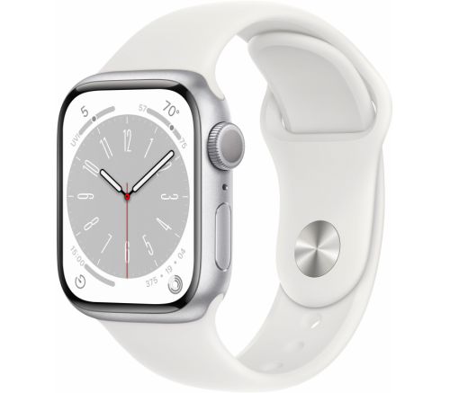 Apple Watch Series 8, 41 мм, алюминиевый корпус серебристый, спортивный ремешок белый (S/M) - фото 1