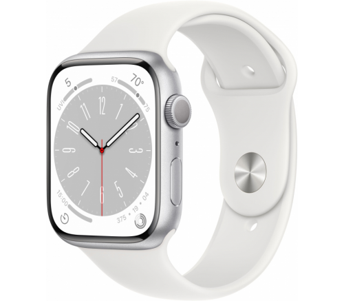Apple Watch Series 8, 45 мм, алюминиевый корпус серебристый, спортивный ремешок белый (M/L) - фото 1