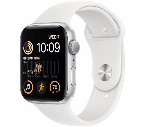 Apple Watch SE 2022, 44 мм, алюминиевый корпус серебристый, спортивный ремешок белый (M/L) - фото 1