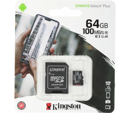 Карта памяти microSDXC Kingston Canvas Select Plus 64 ГБ, 100MB/s, C10, UHS-I, U1, A1, FullHD - фото 3