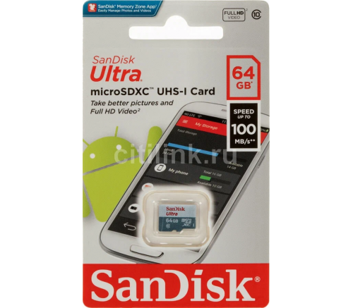Карта памяти microSDXC Sandisk 64 ГБ, 100MB/s, C10, UHS-I, FullHD, без адаптера - фото 4