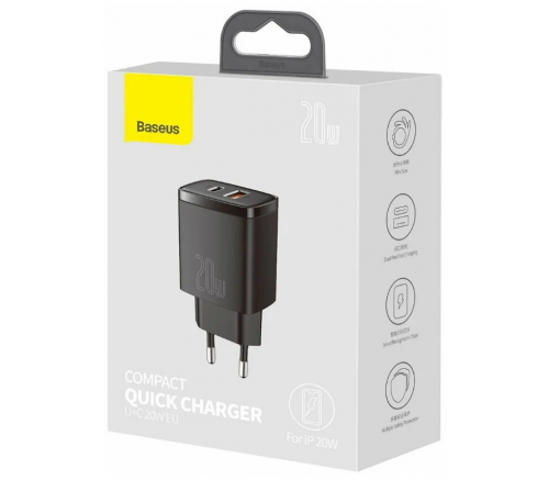 Сетевое зарядное устройство Baseus СЗУ Compact Quick Charger U+C 20W EU черный - фото 5