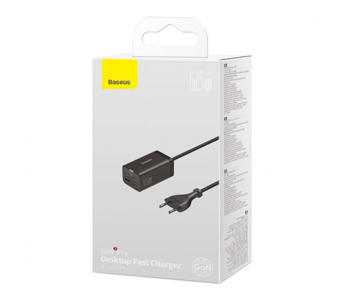 Baseus СЗУ GaN3 Pro Desktop Fast Charger 2C+2U 65W EU Black +Xiaobai Cable Type-C to Type-C 100W 1m - фото 5