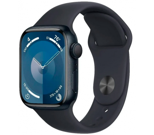 Apple Watch Series 9, 45 мм, алюминиевый корпус «тёмная ночь», спортивный ремешок «тёмная ночь» (M/L) - фото 1